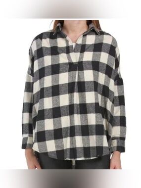 French connection popover black white plaid flannel top blouse pullover shirt